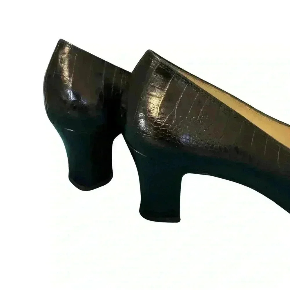 Salvatore Ferragamo Womens 10 heels Black Leather Croc Emboss Shoes gold buckle - Picture 5 of 13